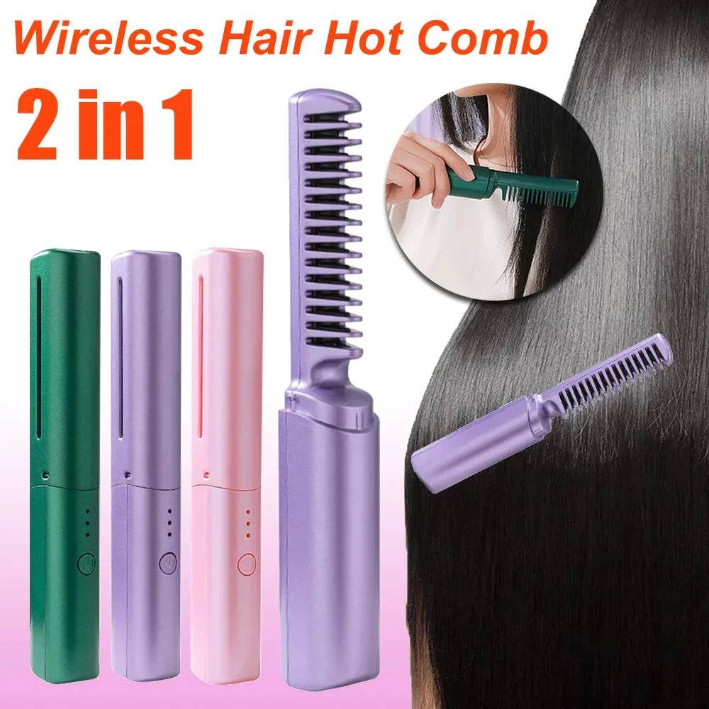 Wireless Hair Straightener Brush - Cordless Ionic Straightening & Curling Tool
